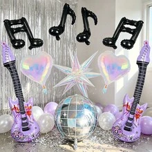 17pcs Music Disco Party Balloon Set - Purple Guitar & Colorful Starburst & Disco Ball Balloons, Suitable For Rock Star Birthday Decoration, Girls Night Out, 80s Theme Party. - View 1