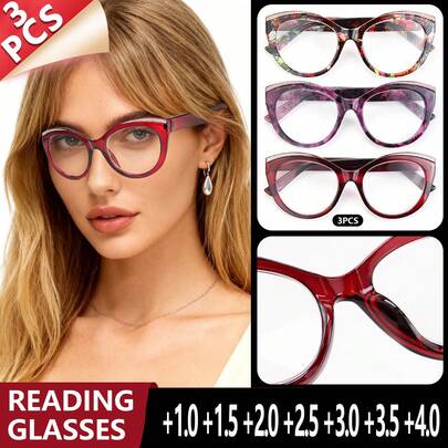 3Pcs Large Frame Oval Reading Glasses, Print Design, Sparkling Frame Accents, Portable Women's Daily Reading Glasses