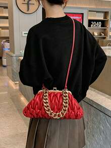 1pc Red Fashion Pleated Clasp Evening Bag Handbag Chain Crossbody Shoulder Bag For Women - Red - View 5