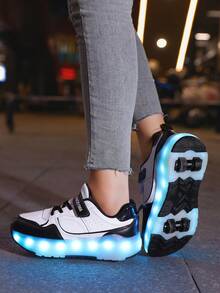 男女通用 LED 充電發光鞋，兒童輪滑鞋，多功能可變形輪滑鞋，適合四季，附可拆卸輪子，適合戶外與運動滑行 - 黑色 - 查看 5