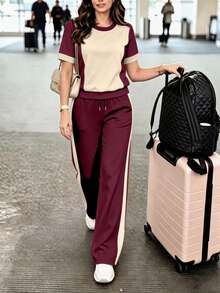 Conjunto de 2 piezas de mujer para primavera/verano con top de cuello redondo de manga corta y pantalones rectos - Albaricoque + Rojo vino - Ver 2