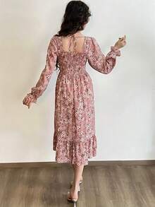 Vestido informal de manga larga para mujer, Vestidos de gasa para otoño y primavera, corte en A, estampado Floral, elástico en el pecho, con cordones, por debajo de la rodilla - heiseyingtao - Ver 2