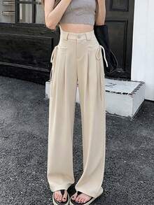 Casual Plain Color Straight High-Waist Slim Loose Suit Pants Spring - Apricot - View 6