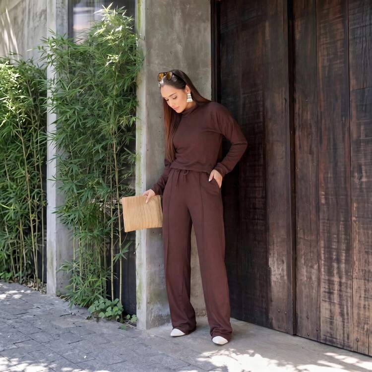 Women's Woolen Set - Pants And Turtleneck Top - Winter - 鏽棕色 - 查看 1