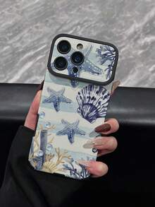 1pc New Creative Blue Striped & Starfish Shell Seahorse Pattern Phone Case Faux Leather Texture Shockproof Protective Cover Compatible With IPhone 17/17Pro/17ProMax/16/16Pro/16ProMax/16Plus/15/15Plus/15Pro/15ProMax/14/14Plus/14Pro/14ProMax/13/13Pro/13ProMax/12/12Pro/12ProMax/11/11ProMax, Anti-Shock Anti-Collision Soft Protective Case - Multicolor - View 2