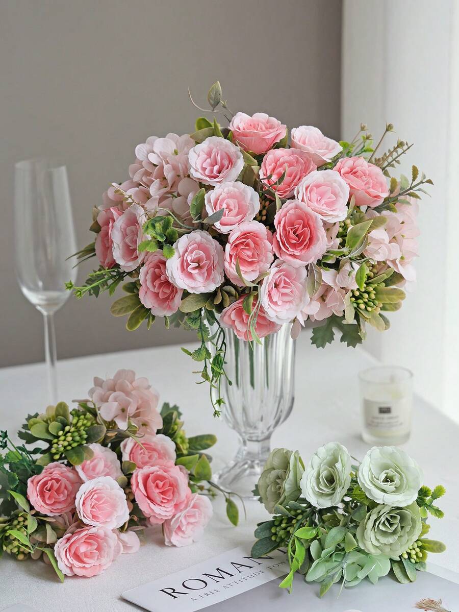 1/3/100件人造玫瑰花、絲綢繡球花束，逼真塑膠花卉裝飾，適用於婚禮、桌面中心裝飾、秋季、書桌、花園、房間裝飾、情人節禮物 - 粉色 - 查看 1