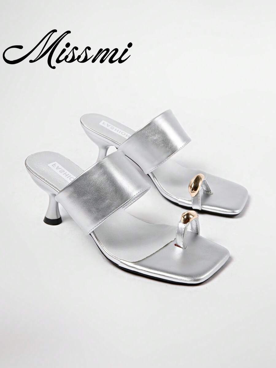 5cm New Colorblock Minimalist Toe-Post Wedge Sandals For Women 2025 Summer Open-Toe High Heels - Silver - View 1