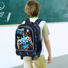 3pcs Boys Game Controller Print Rolling Backpack Set, Includes Lunch Bag And Pencil Case, Zipper Closure, Suitable For School And Travel - Black - View 6