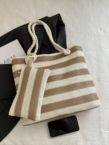 2026 Summer Lazy Letter Two Pieces Set Straw Rope Knot Design Beach Tote Handbag For Women, Versatile Large Capacity Storage Essential For Travel - Brown - View 3