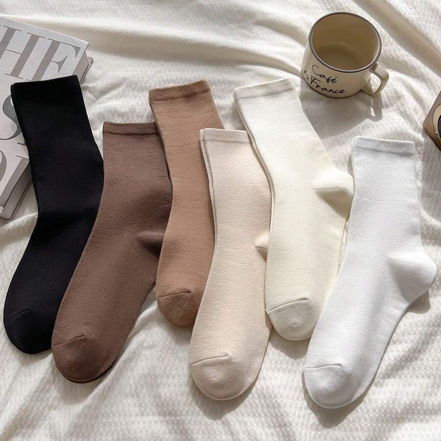 6 Pares de Meias Longas de Cor Sólida Femininas Estilo Japonês Ins Cor de Café Meias de Cano Médio Primavera Outono Versão Coreana Estilo Universitário Meias Slouch - Multicolorido - Visão 1