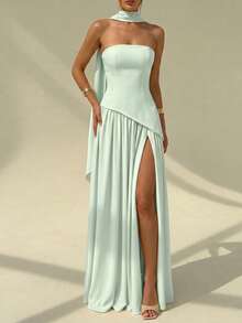 Solid Color Elegant Strapless Wedding Dress With Bolero Detail - Green - View 4