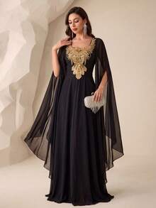 SUPGIR V-Neck Pleated Waist Pearl Trim Lantern Sleeve Maxi Chiffon Dress - Black - View 1