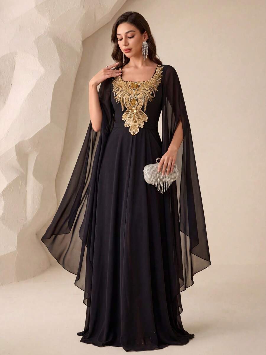 SUPGIR V-Neck Pleated Waist Pearl Trim Lantern Sleeve Maxi Chiffon Dress - Black - View 1