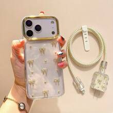 6pcs/Set Casing Ponsel Apple 16 Pro Max dengan Pelindung Charger, Casing Ponsel Lembut dengan Pita 3D, Kompatibel dengan iPhone 17/16/15/14/13/12/11, Casing Pelindung Modis + Pelindung Charger - Emas - View 17