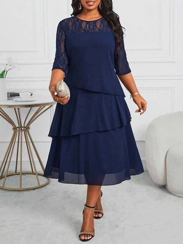 profesionales de negocios, vestido midi con encaje de volantes en capas, mangas huecas y azul, ropa elegante para maestras en otoño, vestidos de mujer de encaje para las cuatro estaciones