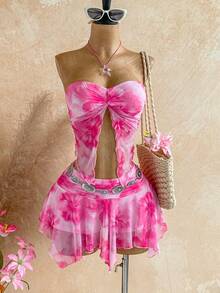 Conjunto de 2 piezas de top bandeau de unicolor con giro y falda con bajo asimétrico para vacaciones casuales de mujer - Multicolor 4 - Ver 1