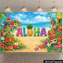 1pc Hawaiian Aloha Beach Party Backdrop Banner, Polyester Material, Colorful Letters Pineapple Parrot Tiki Mask Design, Suitable For Luau Theme Birthday, Pool Beach Party, Summer Event Photo Backdrop - A - View 4