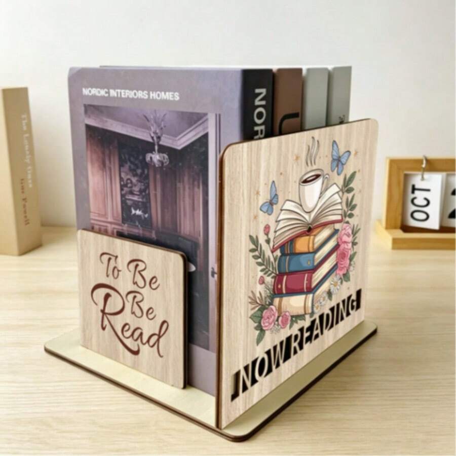Wooden Bookends Coffee Floral Print Desktop Storage Rack Natural Wood Aesthetic Book Stand Compact Home Book Organizer Gift For Book Lovers - Champagne - View 1