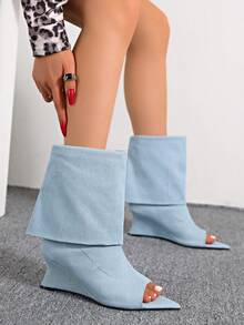2026 New Kitten Heel Pleated Long Slouch Boots Pointed Toe Over-The-Knee High Shaft Boots Retro Wide Leg Rider Boots - Baby Blue - View 3