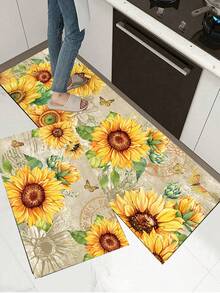 1pc Rubber Kitchen Mat, Vintage Style Modern Sunflower Theme Kitchen Rug, Suitable For Sink Area, Standing, Kitchen Decor - Multicolor - View 3