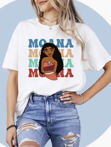 100% Cotton T-Shirt, Moana Disney Print, Necessary For Easy Wearing In Summer, Micro-Elastic, Breathable, Outdoor Holiday Sports. - White - View 1