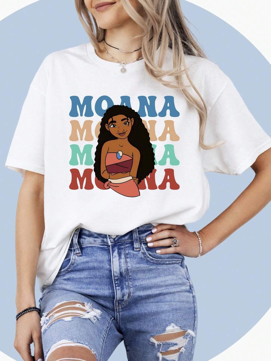 100% Cotton T-Shirt, Moana Disney Print, Necessary For Easy Wearing In Summer, Micro-Elastic, Breathable, Outdoor Holiday Sports. - White - View 1