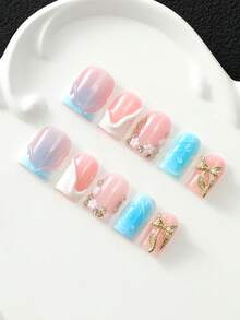 10 Pcs Handmade Multi-Layer Gel Press On Nails, French Short Square Acrylic Fake Nails With 3D Gold Bow, Flower & Rhinestone Decoration, Reusable Removable Hand-Painted Nail Kit, Long-Lasting Not Easy To Fall Off, Y2K Sweet Cool Style - Multicolor - View 3