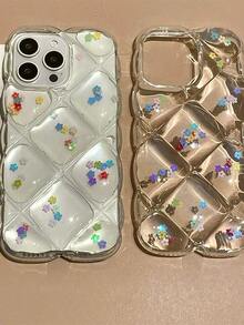 清新Ins風 3D菱格紋彩色花卉矽膠手機殼，適用於Apple 17 Pro Max、15、13 Pro、12/11、14 Pro，女性專用防震保護套 - 無色 - 查看 2