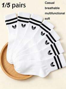 1/5 Pairs Unisex White Striped Mid-Calf Socks, Sports Casual Minimalist Comfortable Versatile Everyday Socks, Back To School Outfit, Suitable For All Seasons - White - View 1