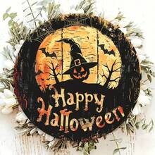 復古鄉村風圓形木製萬聖節吊掛裝飾牌，女巫帽與南瓜設計，Happy Halloween 居家、派對、門口牆面裝飾 - A - 查看 4