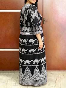 Vestido holgado con cuello en V, bloques de color e estampado, nuevo para primavera/otoño - Negro - Ver 6