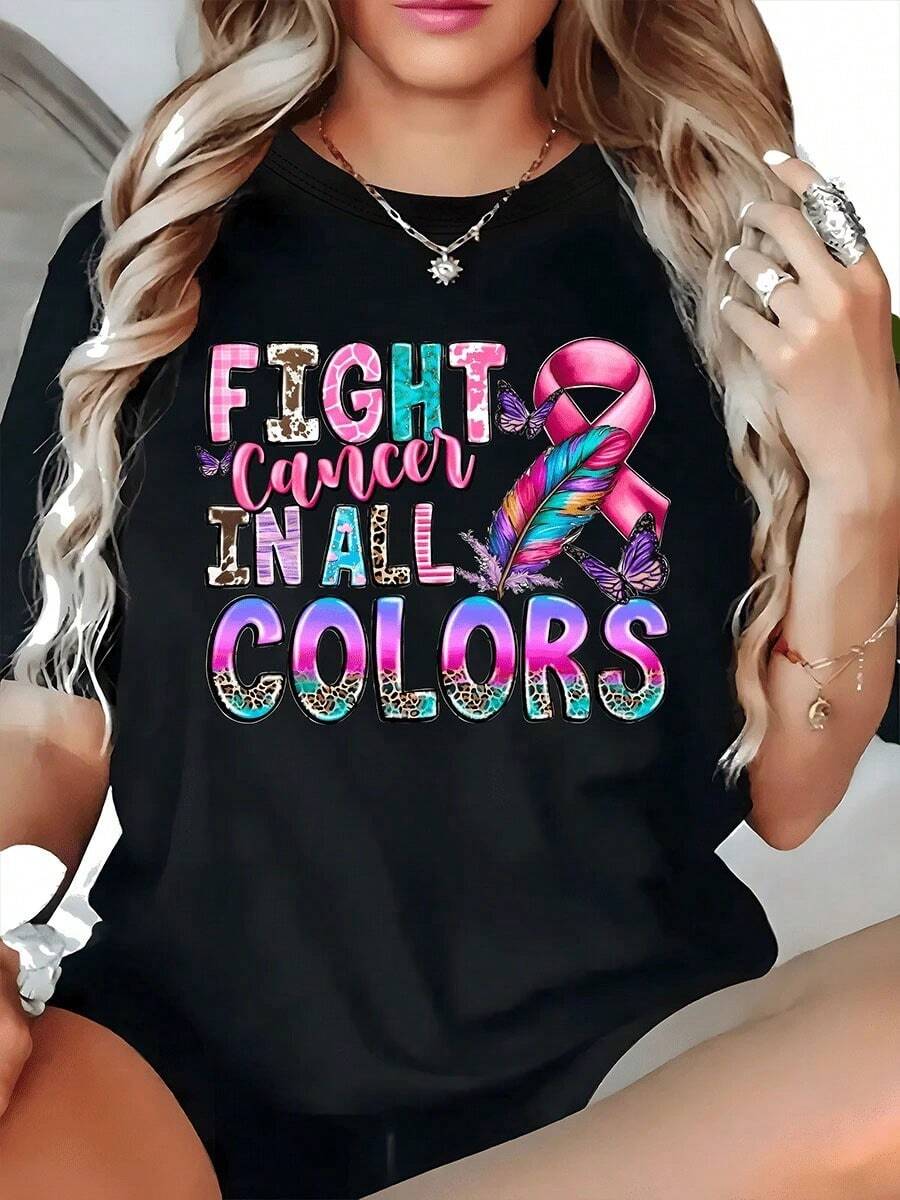 Fight Cancer In All Colors Graphic T-Shirt - Casual Short Sleeve Crew Neck For Women, Polyester Knit Geometric Pattern Plus Size - Black - View 1