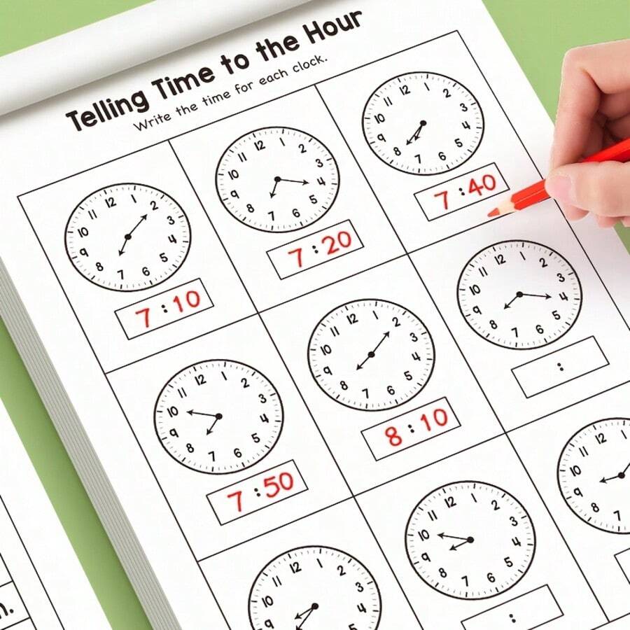 1 Book 32 Pages Multiple Analog Clock Time Practice Workbook, Engaging Math Literature, Telling Time Book, Arithmetic Textbook, Suitable For Home Or Educational Settings, Paper Product, Birthday, Easter And Christmas Gift, Back To School Gift, Party Favor, Carnival Prize, Student Treasure Box - Multicolor - View 1