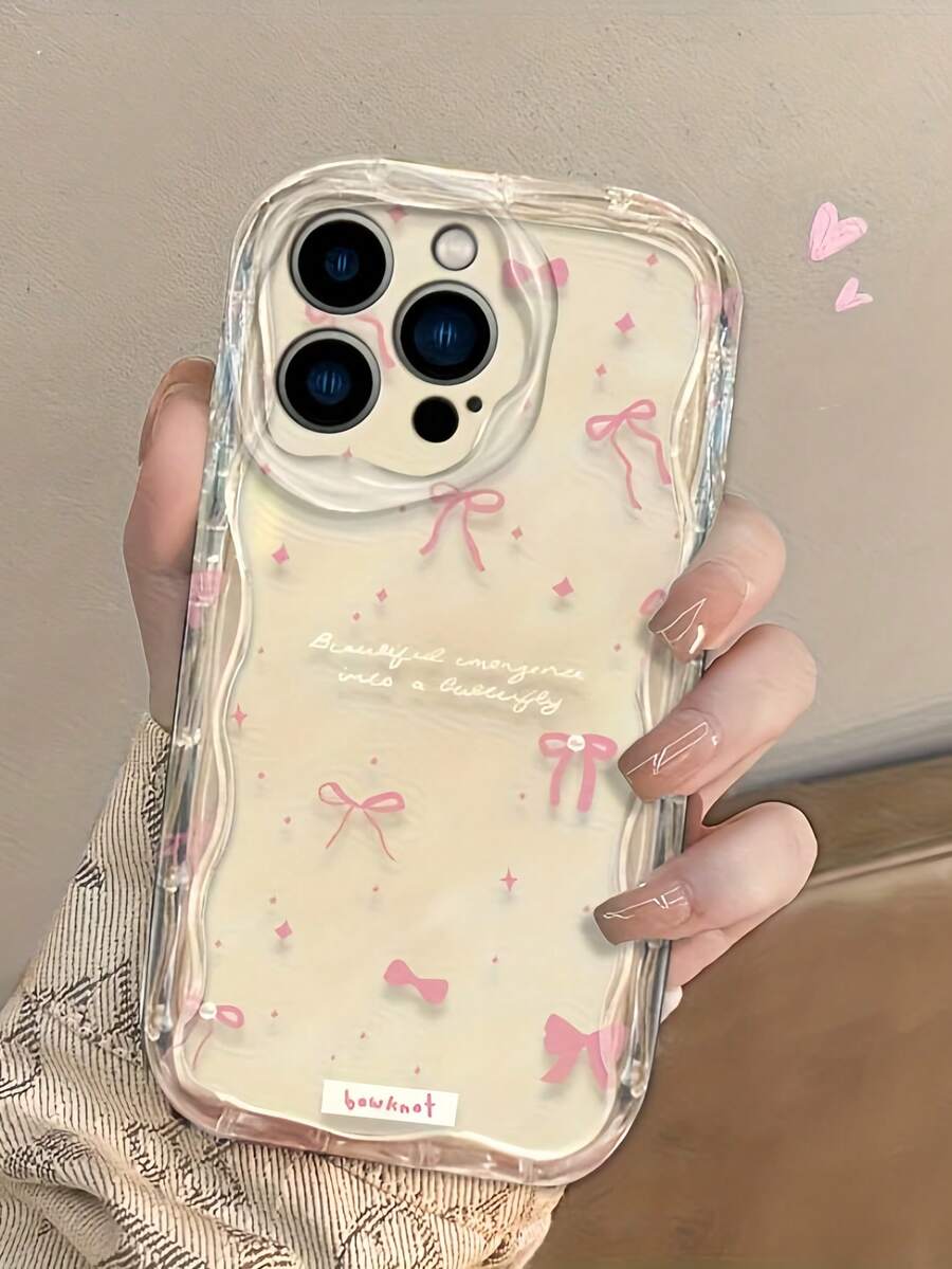 1pc Transparent Creamy Texture Personalized Diverse Pink Bow Pattern Phone Case Compatible With IPhone 16 Pro Max/17/16/15/14 Plus/13/12/11 Protective Cover Air - Multicolor - View 1