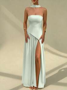Solid Color Elegant Strapless Wedding Dress With Bolero Detail - Green - View 5