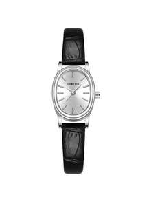 LUCKYFOX 1pc Luxury Oval Small Dial Women's Brushed Face Black PU Leather Strap High-End Quartz Watch For Daily Wear And Gift - Black - View 6