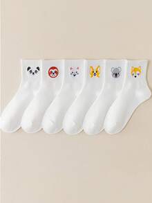 3 Pairs Randomly Shipped Cute Animal White Mid-Calf Socks, Soft Skin-Friendly Socks For Girls Spring/Summer School Casual Wear - Multicolor - View 3
