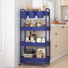 3 Tier Plastic Rolling Storage Cart With Extra Hanging Cups Handles Lockable Wheels For Living Room Bathroom Kitchen Office White - Blue - View 6