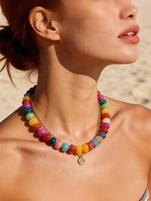 1pc Women's Colorful Chunky Chain Necklace, Fashion Multi-Color Large Cylindrical Resin Bead Necklace, Bohemian Style Chunky Statement Choker Necklace, Y2K Summer Jewelry, Handmade Jewelry Gift Accessory, Paired With Stainless Steel - Chunky Bead Necklace - View 6