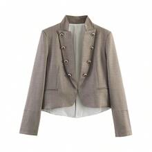 Stand Collar Double-Breasted Gold Button Short Blazer - Grey - View 6