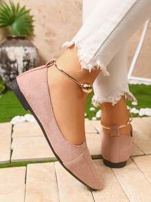 Pink Pointed Toe Flat Shoes, Pearl Metal Decor Mary Jane Flat Shoes - Pink - View 7