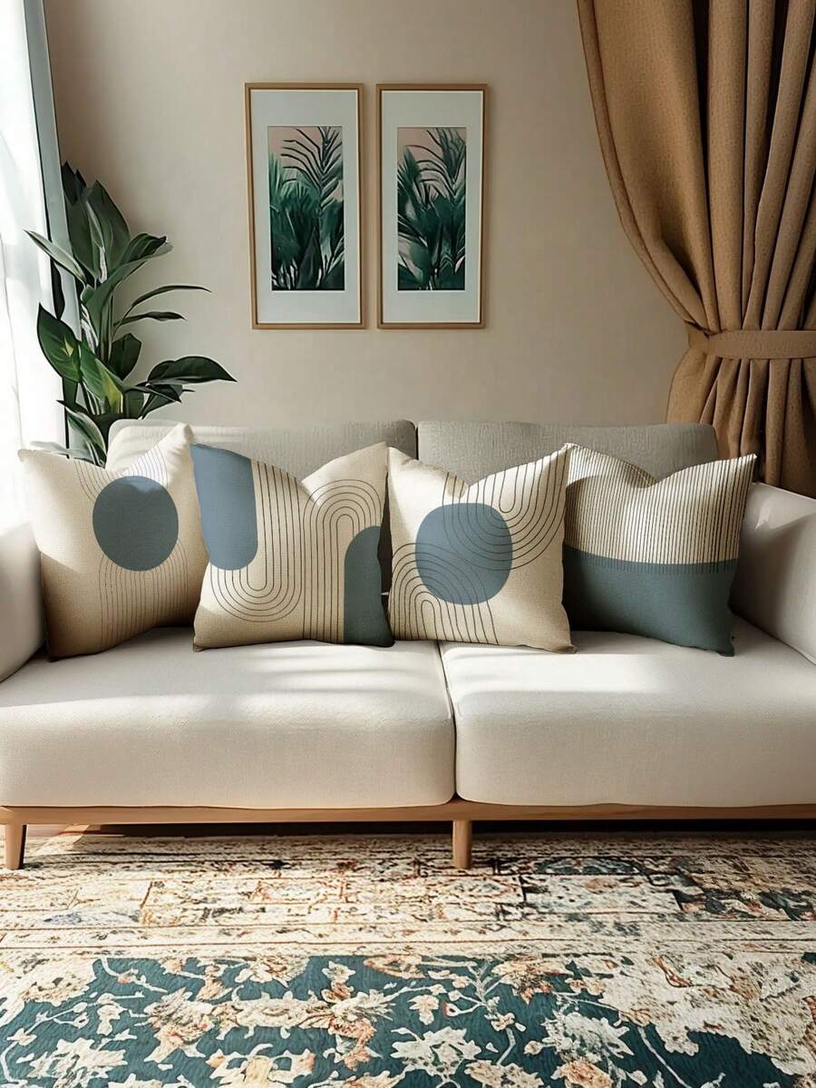 4pcs,Modern Minimalist Line Style Cushion Covers,Bohemian Line Throw Pillow Covers,Zipper Closure,Washable,Home Decor,Sofa Decor Cushion Covers,Suitable For Bedroom,Living Room,Sofa,Car,Table And Chair Lumbar Pillow Covers,Outdoor Patio Camping Cushion Covers,No Pillow Insert - Retro Dark Blue - View 1