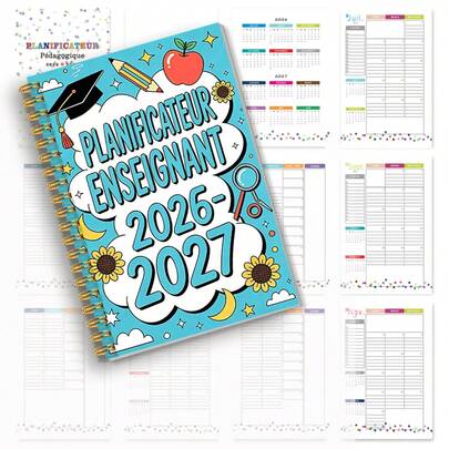 1本 A5 法語教師計畫本 2026-2027 教案整理簿 成績簿 學術行事曆 課表 學生紀錄本 教育工作者感謝禮品 螺旋裝訂 可平攤