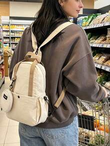 女款極簡純色尼龍雙肩背包，附背帶，輕量防水商務通勤日常背包，多口袋大容量休閒背包，適合辦公室、工作、旅行、學校 - 卡其色 - 查看 5