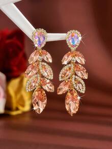 1 Paar luxuriöse funkelnde Glas-Dekorations-Ohrringe für Damen mit übertriebenem Blatt-Design, geeignet für Partys, besondere Anlässe, Sommer, Schmuck, Feiertage, elegantes Tragen. - Pfirsichfarbe - Übersicht 4