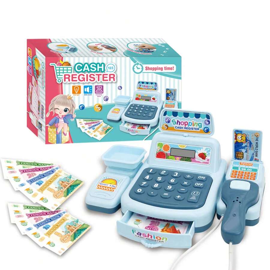ZK30 Toy Cash Register For Kids With Scan Lights And Sound Effects, Interactive Supermarket Simulation Game - Blue - View 1