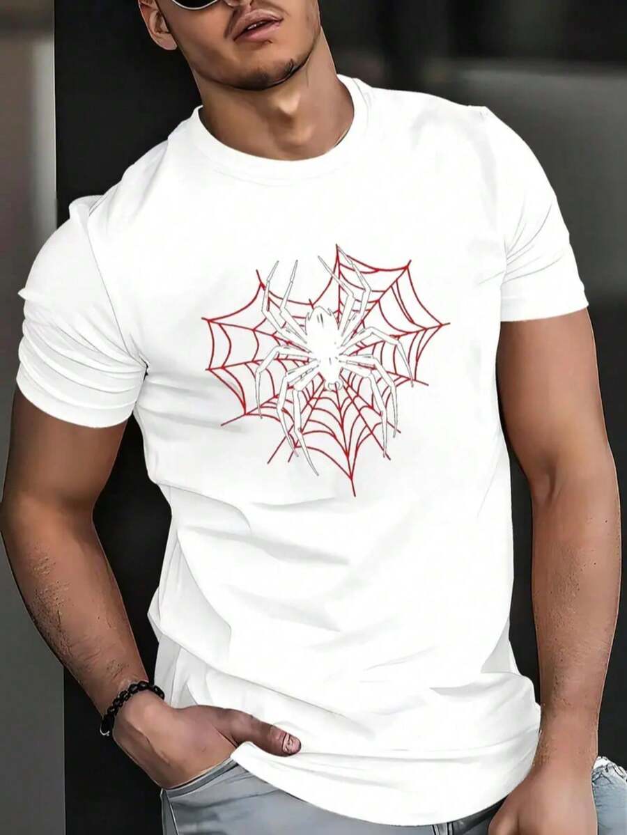  Camiseta corta de cuello redondo para hombre, holgada y versátil con estampado de araña que trae alegría. para vacaciones, viajes y actividades recreativas. Tejido suave de alta cali - Blanco - Ver 1
