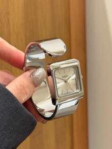 1件女款橢圓形銀色黑色方形金色錶盤石英休閒手錶，適合日常佩戴 - 白色 - 查看 4