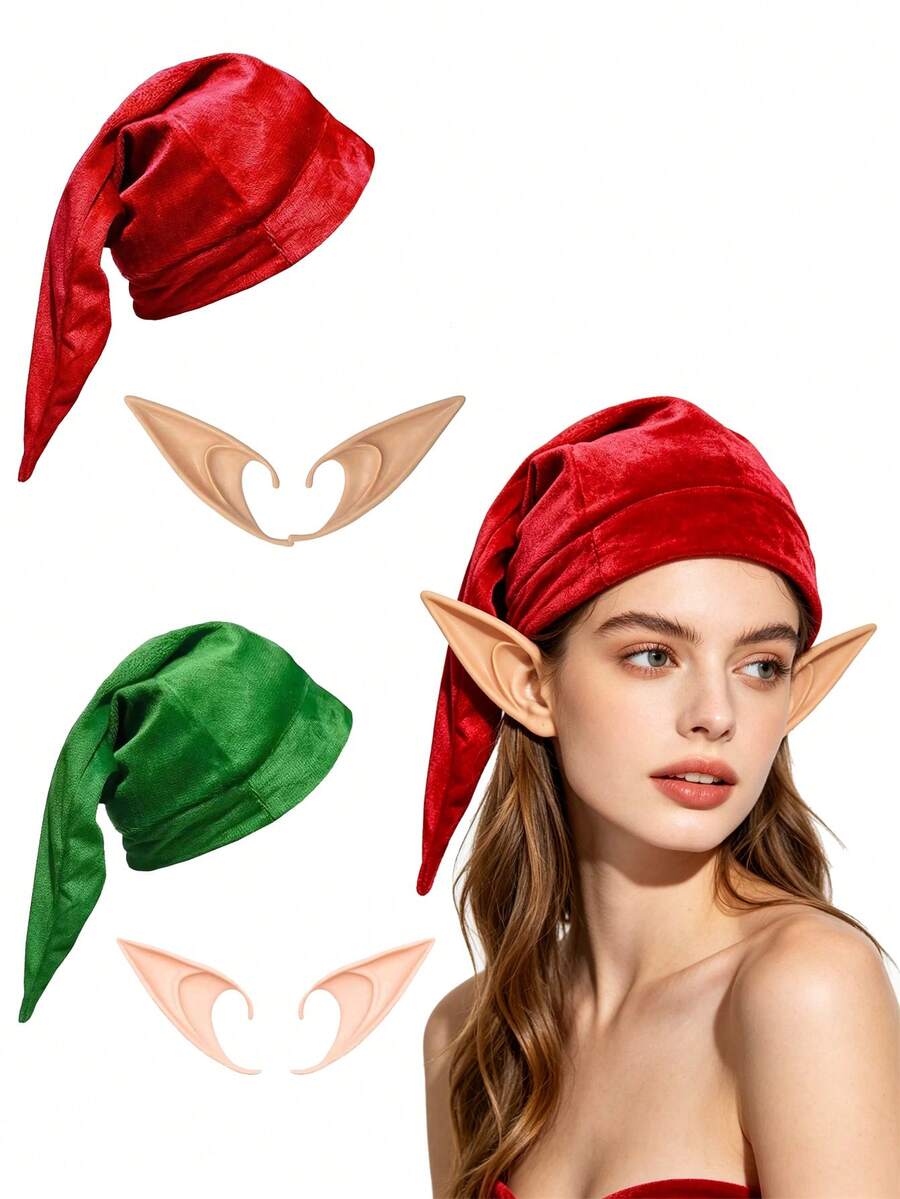 Elf Costume Accessories Including Gnome Hat And Ears Cosplay, Halloween, Christmas Elf Hat, Elf Ears - Multicolor - View 1