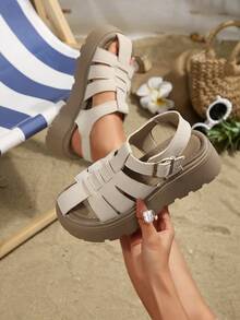 Women's Double Strap Metal Buckle Thick Sole Sandals, Platform Heel Back Strap Roman Shoes, Retro Casual Outdoor Beach Shoes, Non-Slip Height-Increasing Sandals, Multi-Color Options, Plus Size Slimming Versatile Women's Shoes - Khaki - View 5